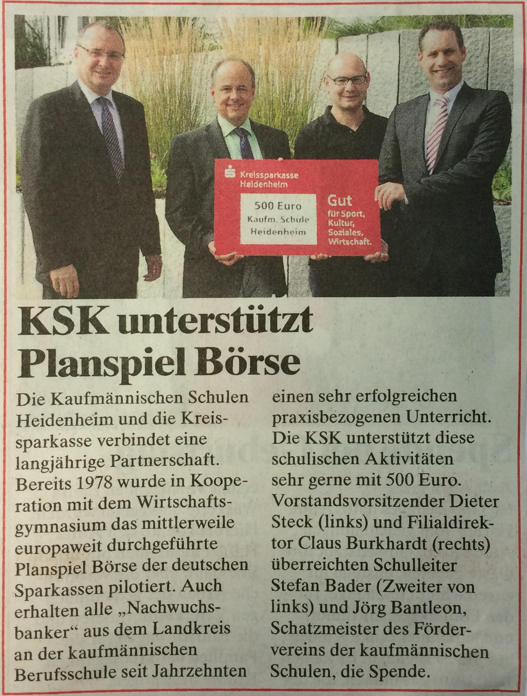 Neue Woche, 26.11.2014: Kreissparkasse unterstützt Kfm Schule