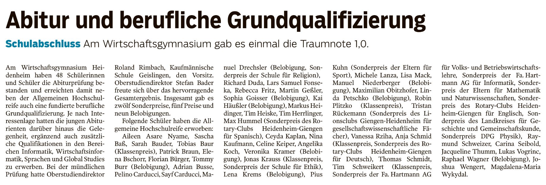 HZ 13.07.17: Traumnote 1.0 beim Abitur